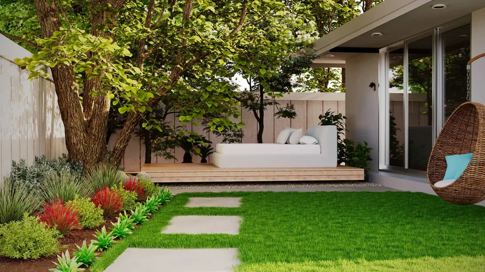 A family and their dog on a clean lawn